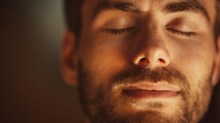 Fototapeta premium Man with closed eyes enjoying a moment of calm and relaxation. Close-up portrait capturing tranquility and peace
