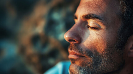 Obraz premium Man with closed eyes enjoying a moment of calm and relaxation. Close-up portrait capturing tranquility and peace