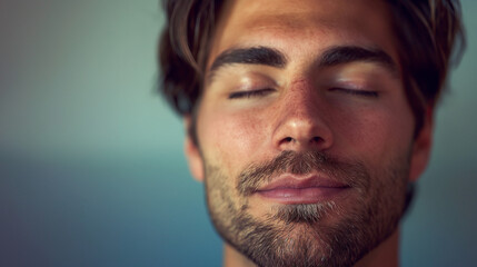 Fototapeta premium Man with closed eyes enjoying a moment of calm and relaxation. Close-up portrait capturing tranquility and peace