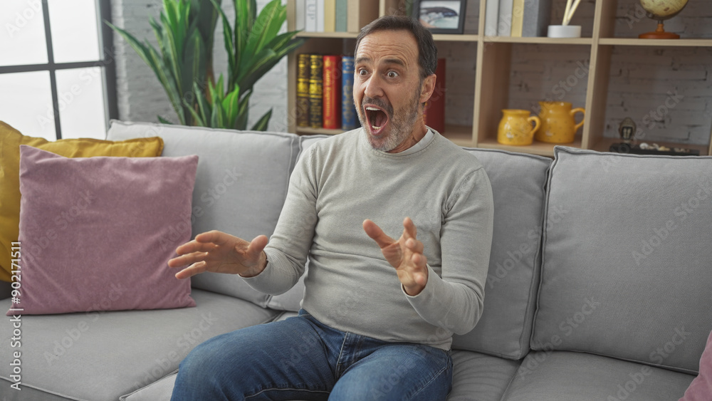 Canvas Prints A surprised middle-aged bearded man in a casual outfit expressing excitement in a cozy living room.