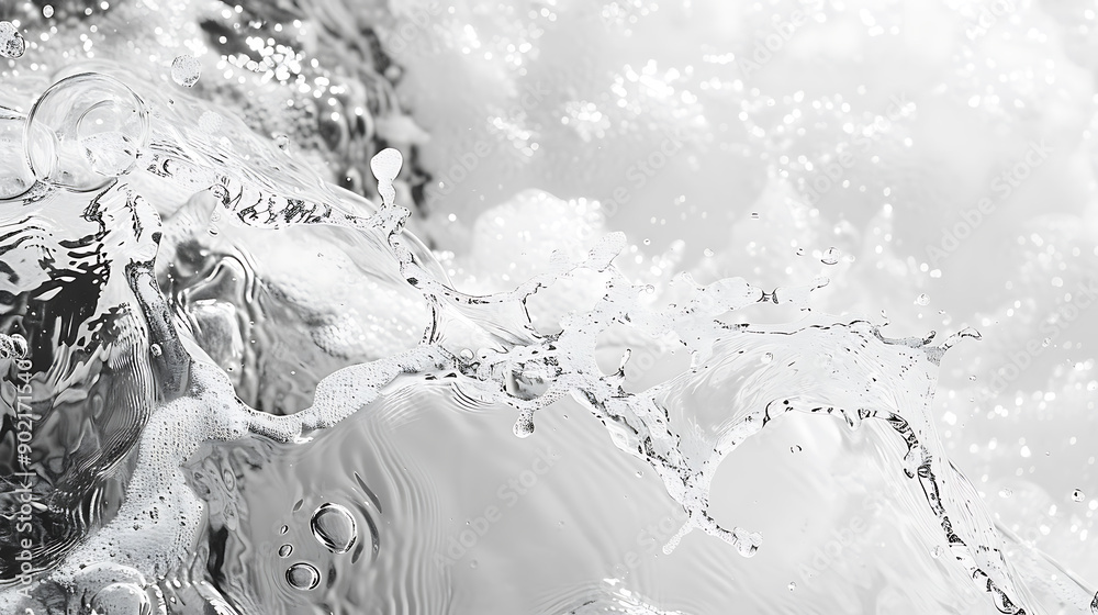 Poster closeup of desaturated transparent clear calm water surface texture with splashes and bubbles. trend