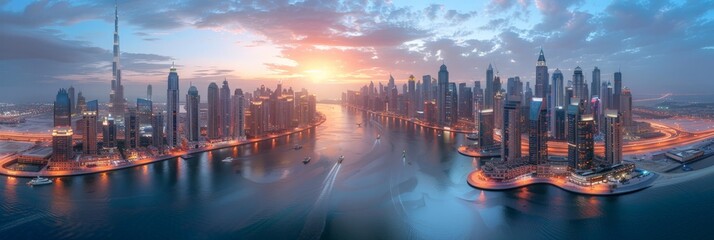 Fototapeta premium Vibrant City Skyline at Sunset with Curved Architecture