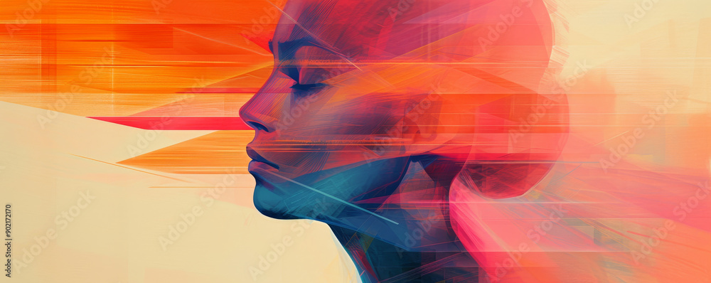 Poster abstract digital painting of a colorful female profile with dynamic geometric shapes