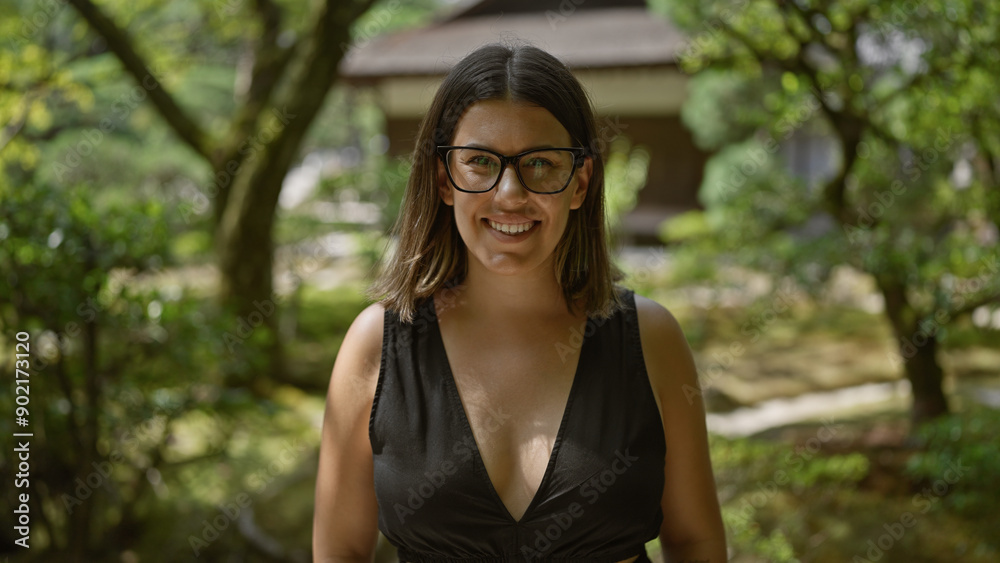 Sticker Joyful and confident, a beautiful hispanic woman in glasses stands by the serene ginkaku-ji temple, her cheerful smile embracing the beauty of kyoto's zen garden