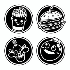 Set of Kawaii Cartoon Food And Drink Stickers, Cute Funny Food silhouettes, and Chibi Kawaii Food Icons.