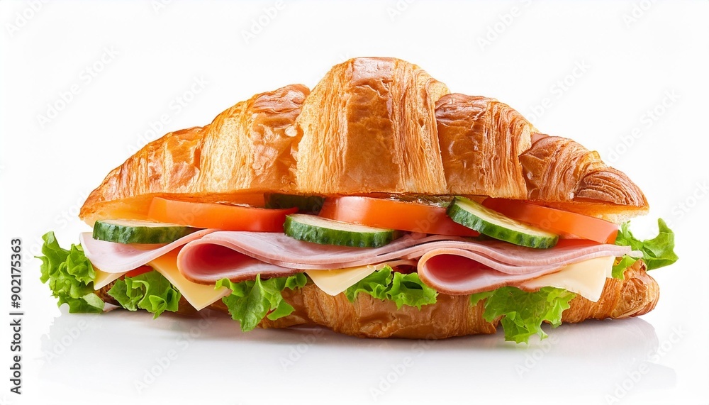 Wall mural croissant sandwich with ham cheese and vegetables isolated on transparent background