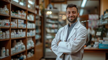 Fototapeta premium Pharmacy specialist: male pharmacist, demonstrating professionalism and skill in a modern pharmacy environment, with aon his attentive role in providing medication and health advice.