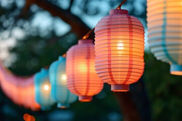 Lanterns Hanging from Tree at Night