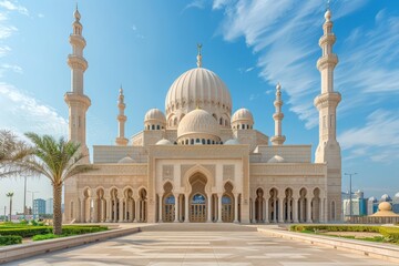 Fototapeta premium Grand White Dome Mosque with Minarets and Palm Trees
