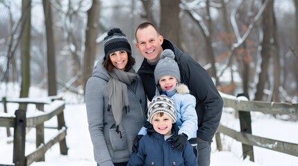 A family of four smiles for the camera in a snowy woodland setting.