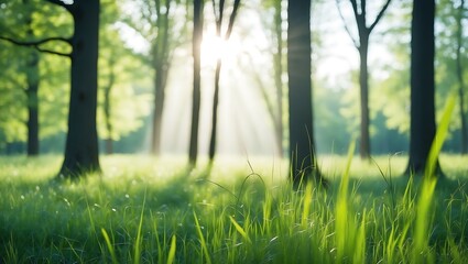 Defocused green trees in forest or park with wild grass and sun beams. Beautiful summer spring natural background.

