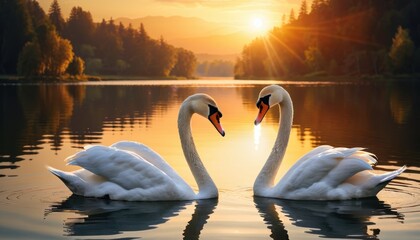 Fototapeta premium environment, Swans on Lake at Sunset