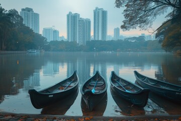 Two Canoes Docked at a Calm Lake in a City Skyline Background
