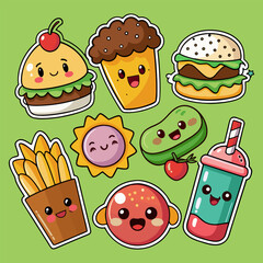 Set of colorful Kawaii Cartoon Food And Drink Stickers, Cute Funny Food vector, and Chibi Kawaii Food Icons.
