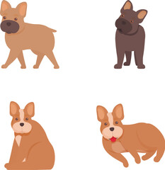 Collection of four adorable cartoon dogs, showcasing different colors and postures