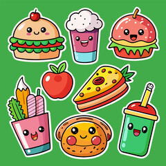 Set of colorful Kawaii Cartoon Food And Drink Stickers, Cute Funny Food vector, and Chibi Kawaii Food Icons.
