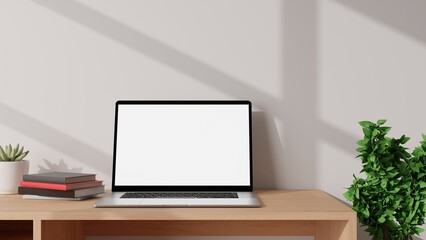 Modern office working space with notebook laptop computer screen 3d realistic mockup