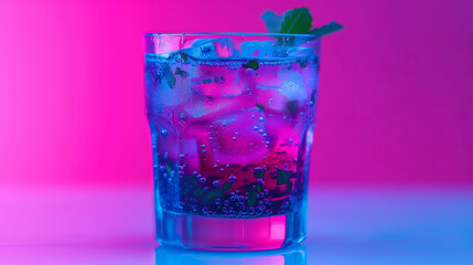 Blue cocktail with ice cubes and mint leaves in a glass on a vibrant pink and blue gradient background