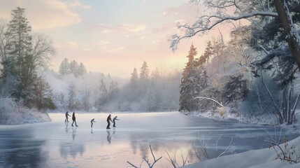 A group of people are skating on a frozen lake. The sky is a mix of blue and pink, creating a serene and peaceful atmosphere. The scene captures the essence of winter and the joy of outdoor activities