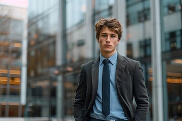 Businessman in Suit and Tie, Confidently Posing in Front of City Buildings.