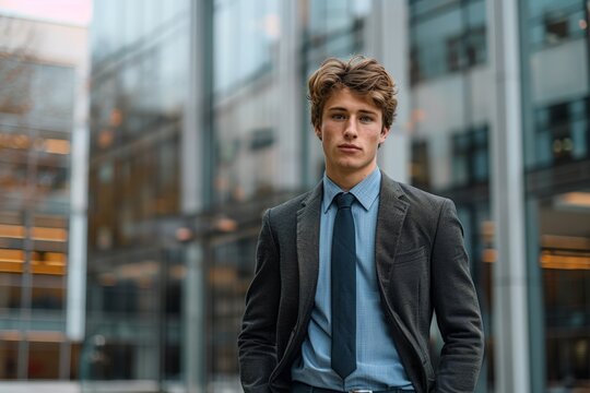 Businessman in Suit and Tie, Confidently Posing in Front of City Buildings.