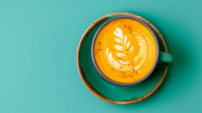 Warm mug of golden milk turmeric latte with latte art on a teal surface