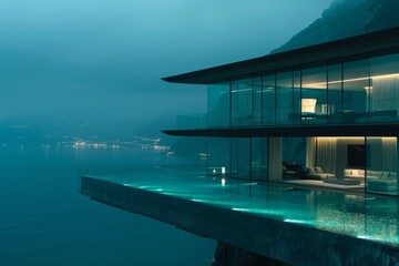 Fototapeta premium Modern house with a glass facade by the lake showcasing contemporary design and serene living