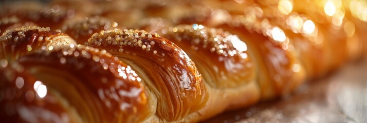 Baked pastries with golden crust, glazed with sugar and cinnamon, on a rustic wooden table.