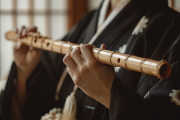 Fototapeta premium Asian Person in Traditional Clothing Playing Wooden Flute