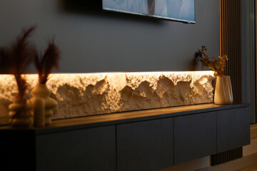 modern floating TV media console dark room ambient LED light