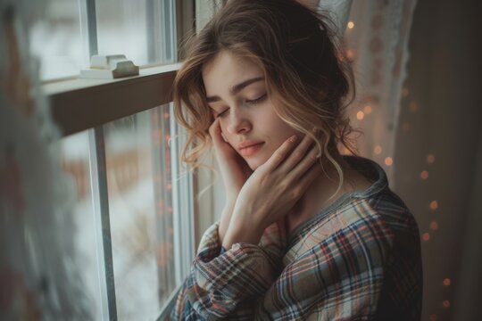 Contemplative woman resting her head on her hand, gazing out a window.