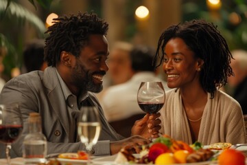 Happy Couple Sharing Wine at Restaurant