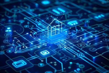 Blue neon house model on a circuit board representing smart home technology and modern digital connectivity