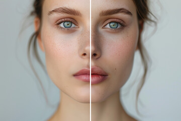 Before and after lip filler injections. Close-up of lip augmentation. Plastic surgery.
