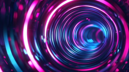 A vibrant neon swirl tunnel features blue and pink hues, offering a mesmerizing abstract background