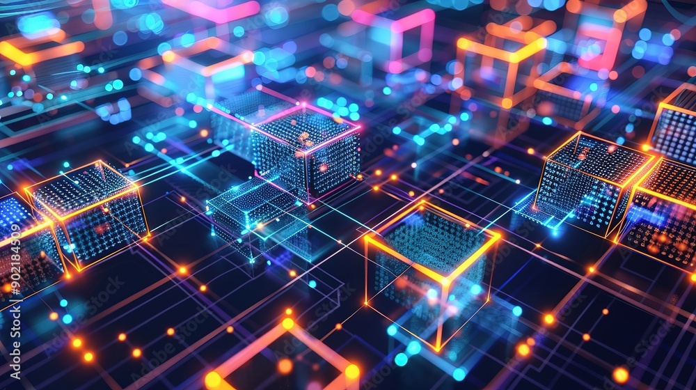 Poster glorious an abstract digital illustration depicting the challenges of scaling blockchain networks