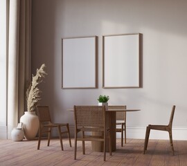 Mock up poster in diningroom interior background, Scandinavian style, 3D render