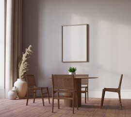 Mock up poster in diningroom interior background, Scandinavian style, 3D render