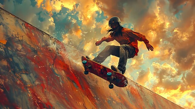 Vibrant and Energetic Skateboarder Performing Bold Tricks in Colorful Pop Art Style Composition