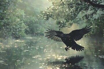 Obraz premium Majestic Bird Soaring in Forested Area