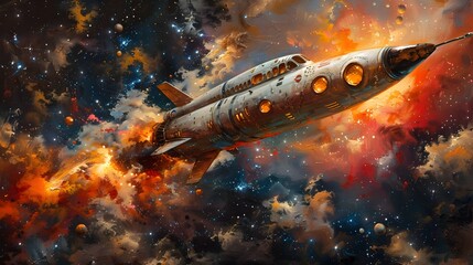 Naklejka premium Vibrant Cosmic Rocket Embarking on Whimsical Futuristic Adventure Through Interstellar Galaxy