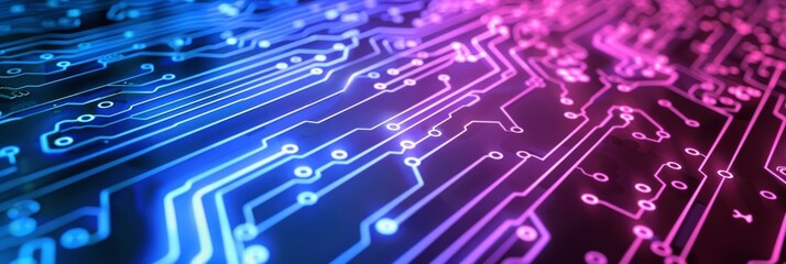 Closeup of a glowing AI technology circuit board with neon lights, symbolizing futuristic tech advancements.