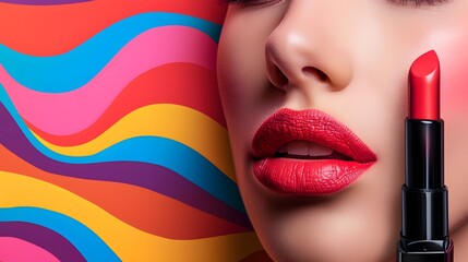 Obraz premium Vibrant Pop Art Lipstick Composition with Bold Colors and Graphic Patterns
