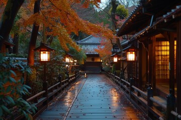 Obraz premium Autumn Night Scene: Illuminated Walkway in Japanese Garden