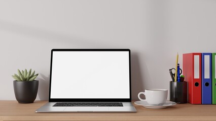 Closeup blank screen laptop computer mockup on a table in a modern room interior 3d rendered