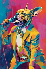 An Al generated of a dog performing a joyful song with a microphone