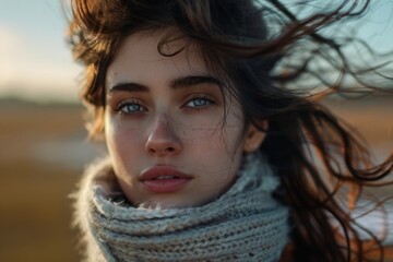 Fototapeta premium Young Woman with Blue Eyes and Messy Hair, Looking Directly at the Camera, Set in a Field during Sunset