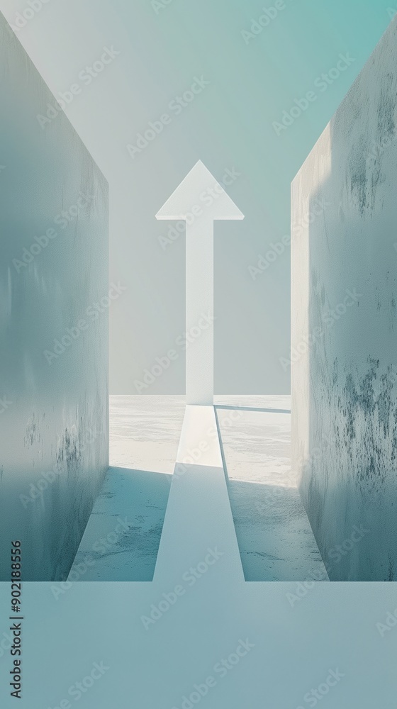 Poster Symmetrical minimalistic white arrow pointing upwards in a modern architectural corridor