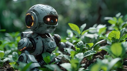 Fototapeta premium Futuristic Agriculture Technology Concept with 3D Rendering Robot Assistant and Graphic Display