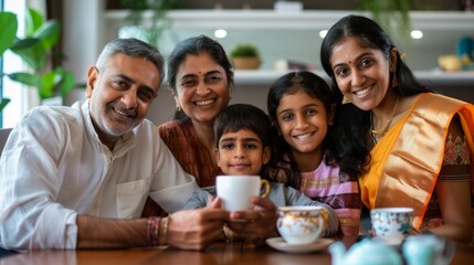 Obraz premium Cheerful Indian family enjoying tea or coffee together, looking at the camera